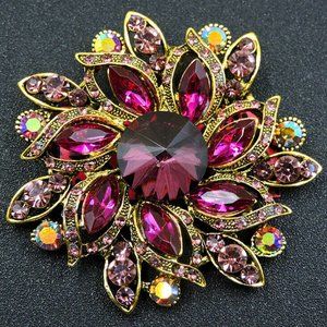 BIG Purple SUN Flower Rhinestone Mandala Brooch 3"